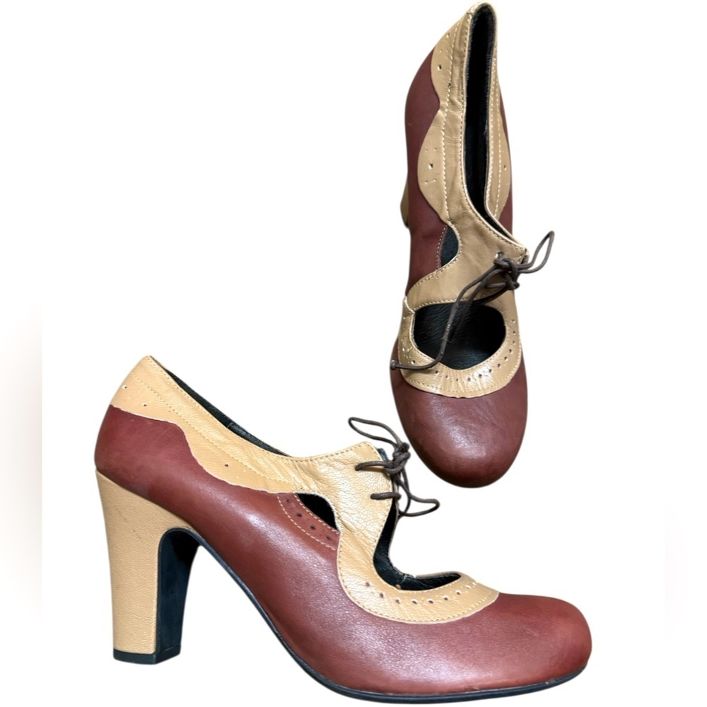 Miz Mooz size 10 new condition worn once burgundy and Tan Chunky lace heels
